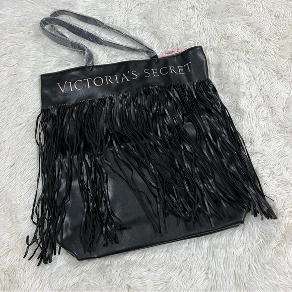Victoria’s Secret Black Vegan Leather Fringed Tote NWT - Picture 2 of 11